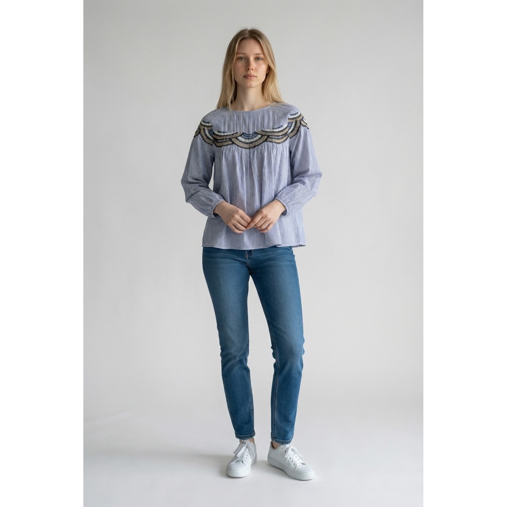 Eva Franco x Anthropologie Striped Embroidered Blouse Long‎ Sleeve Bohemian Top - Picture 2 of 6